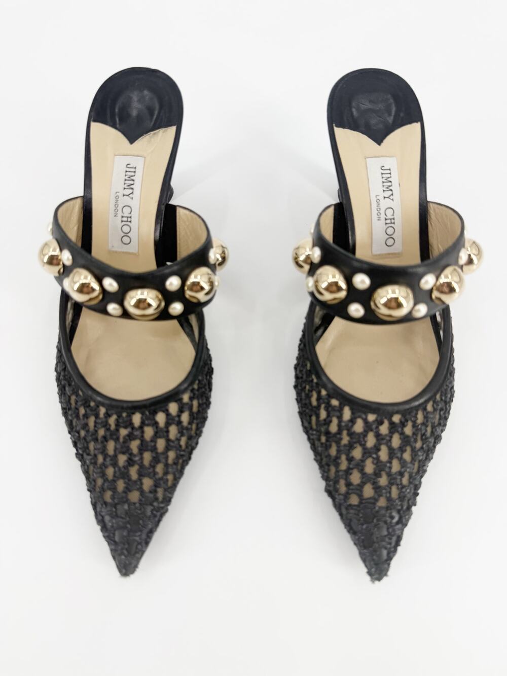 Jimmy Choo Basette Black Raffia Mesh Pearl Gold Stud Mules Size 41 EU 10.5